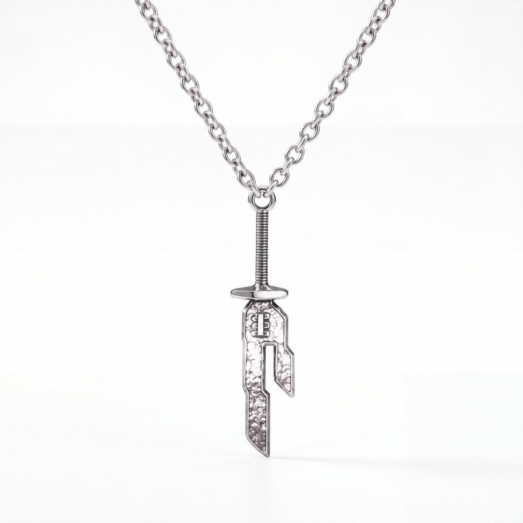 Spear of Heaven necklace hanging on a white background